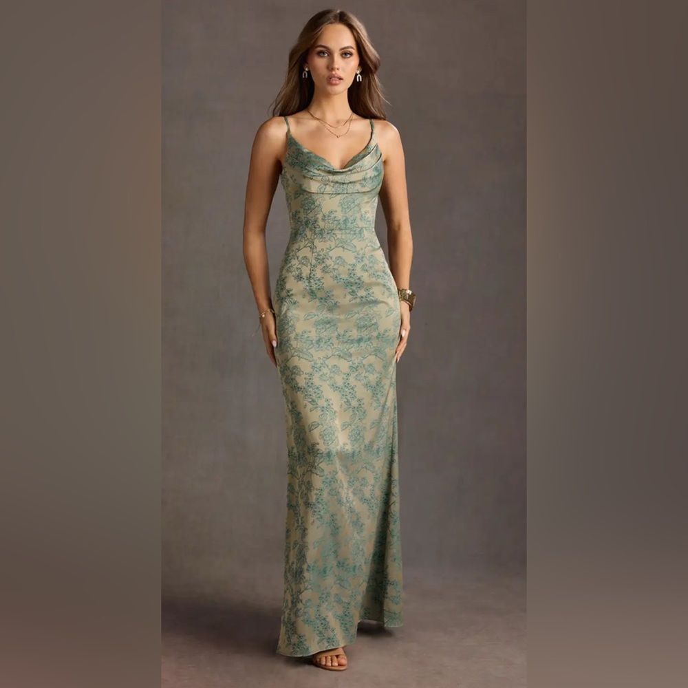 Azazie Green and Cream Maxi Dress Cowl Neck LEAH PLATINUM TEAL GOWN size 4